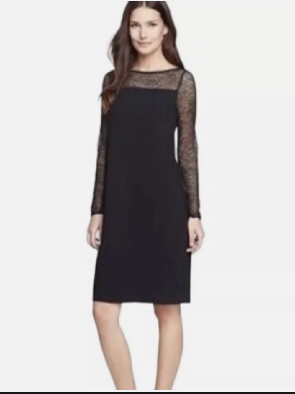 Eileen Fisher Black Lace-Yoke Long Sleeve Shift Dress Small